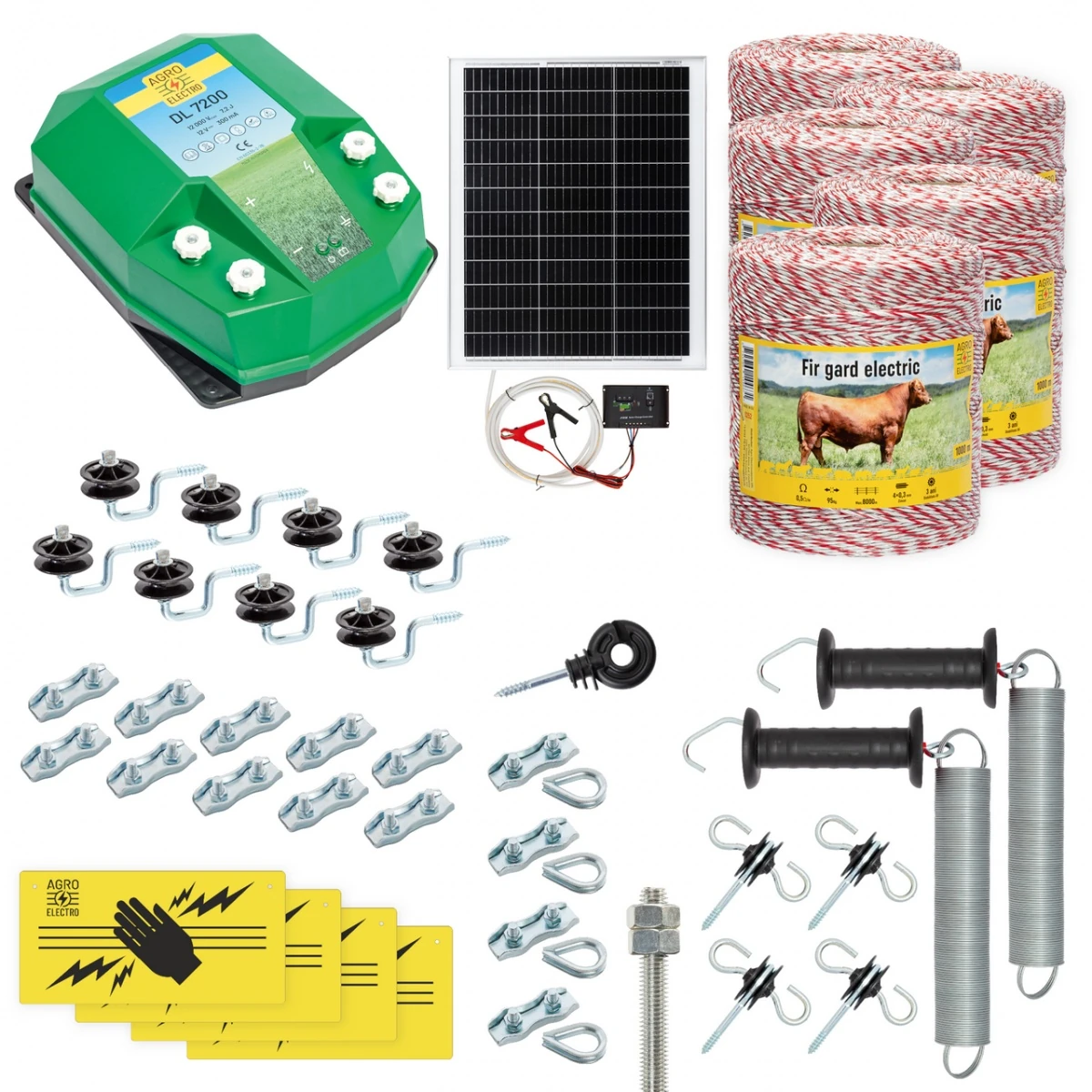 Pachet gard electric complet 5000 m, 7,2 Joule, cu sistem solar, pentru animale domestice :: 5000 m
