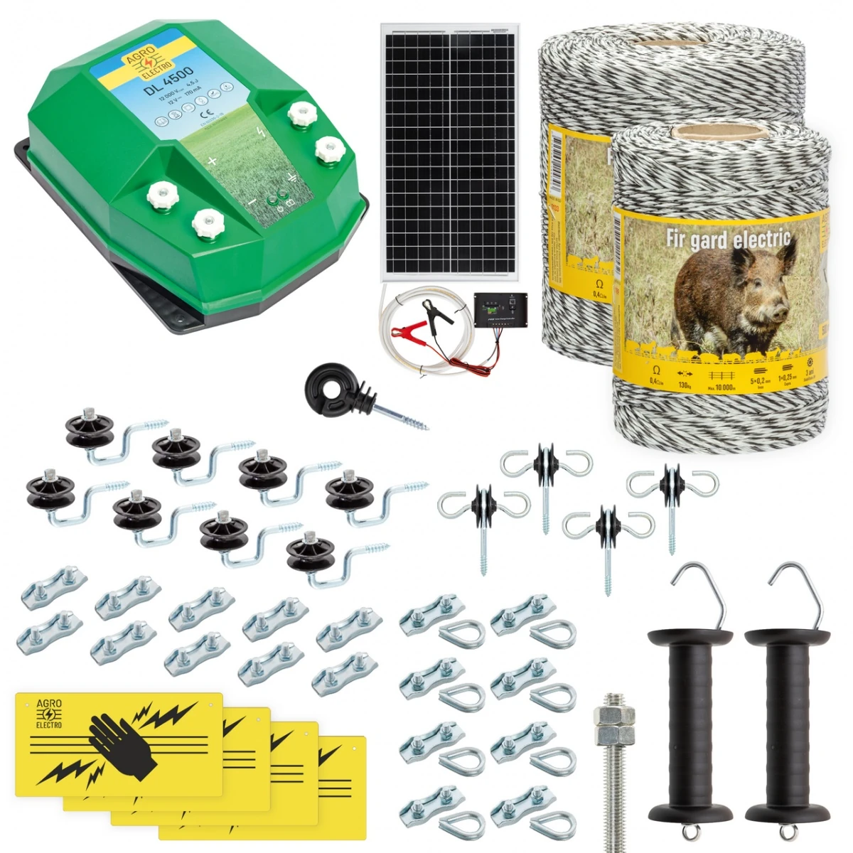 Pachet gard electric complet 1500 m, 4,5 Joule, cu sistem solar, pentru animale sălbatice :: 1500 m