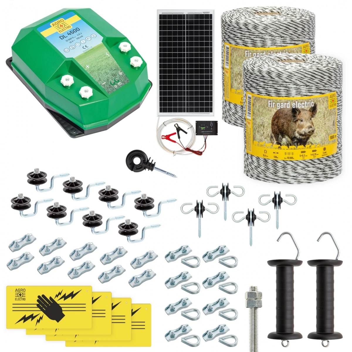 Pachet gard electric complet 2000 m, 4,5 Joule, cu sistem solar, pentru animale sălbatice :: 2000 m