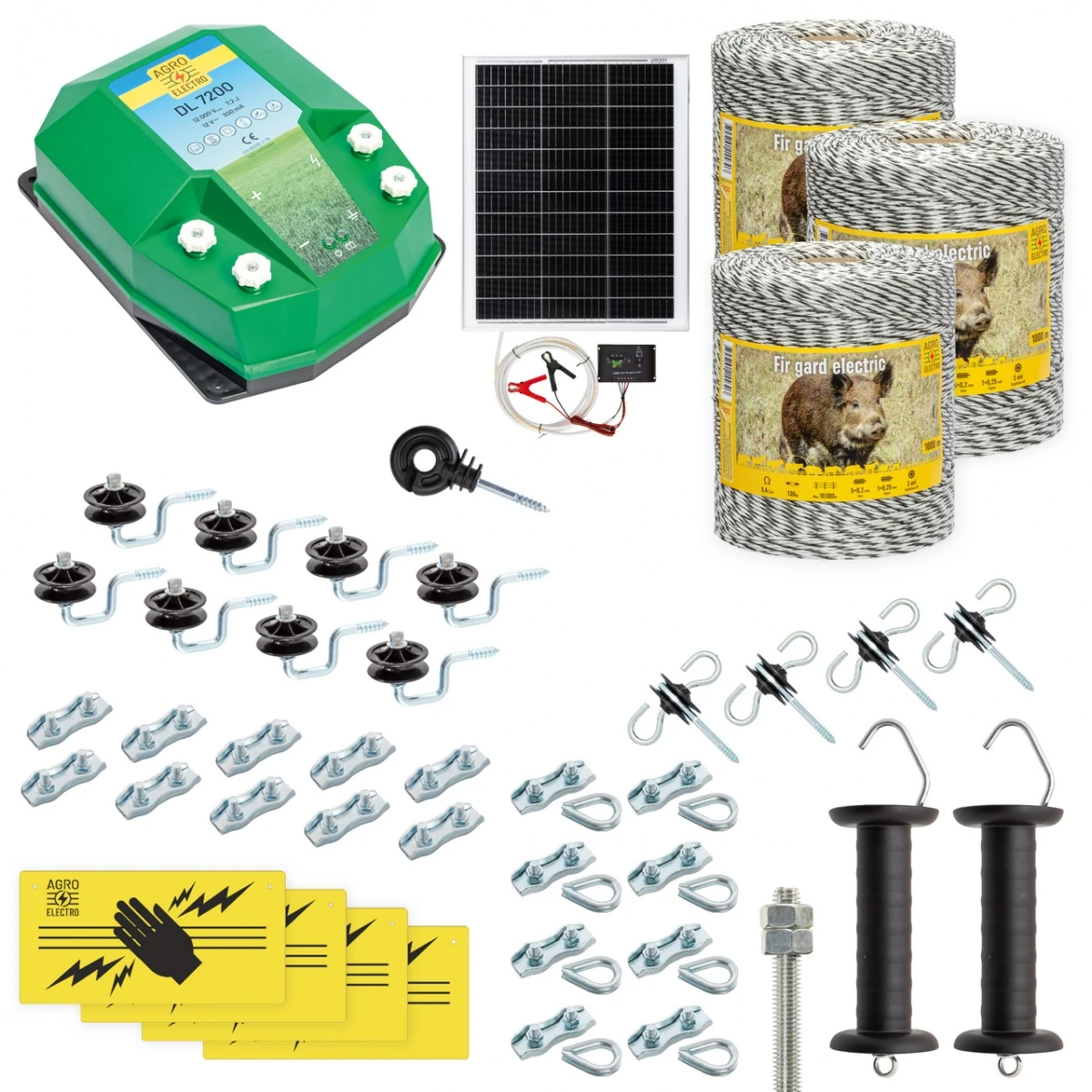 Pachet gard electric complet 3000 m, 7,2 Joule, cu sistem solar, pentru animale sălbatice :: 3000 m