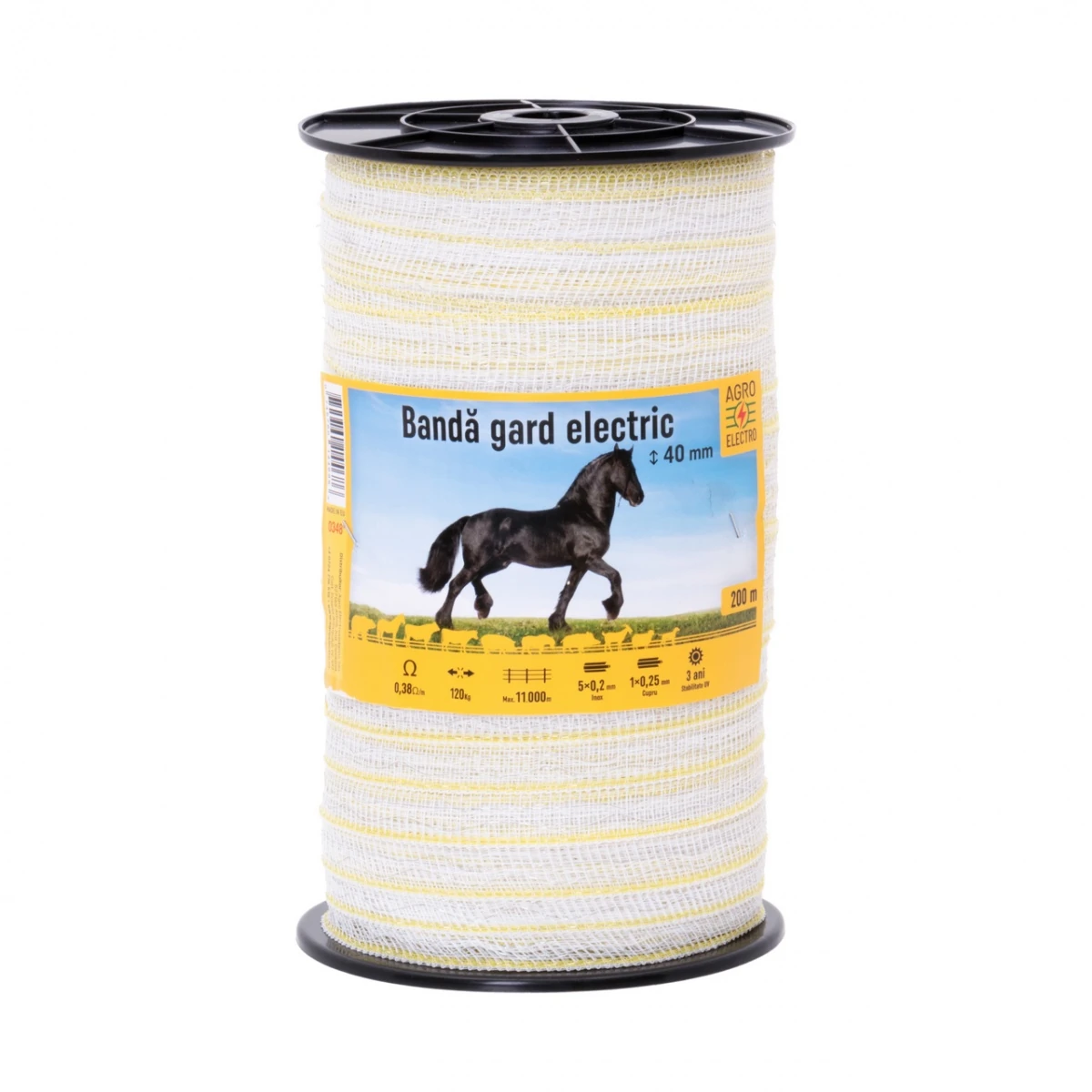 Bandă gard electric - 40 mm - 200 m - 120 kg - 0,38 Ω/m