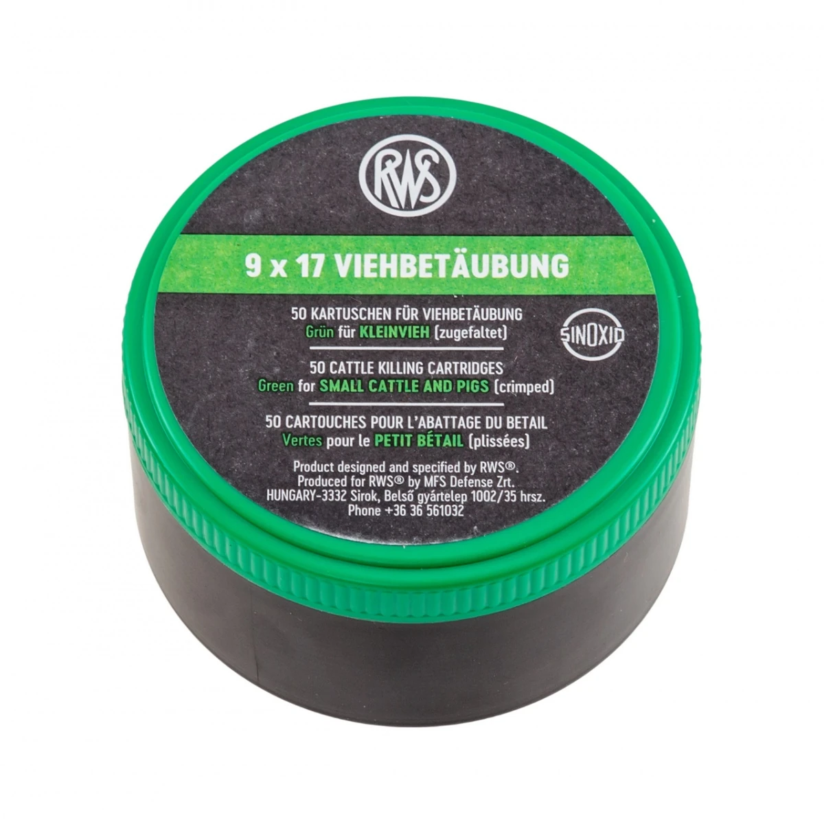 Capse asomator, verde, pentru animale cu talie mică. Calibru 9 × 17 mm, 50 buc.