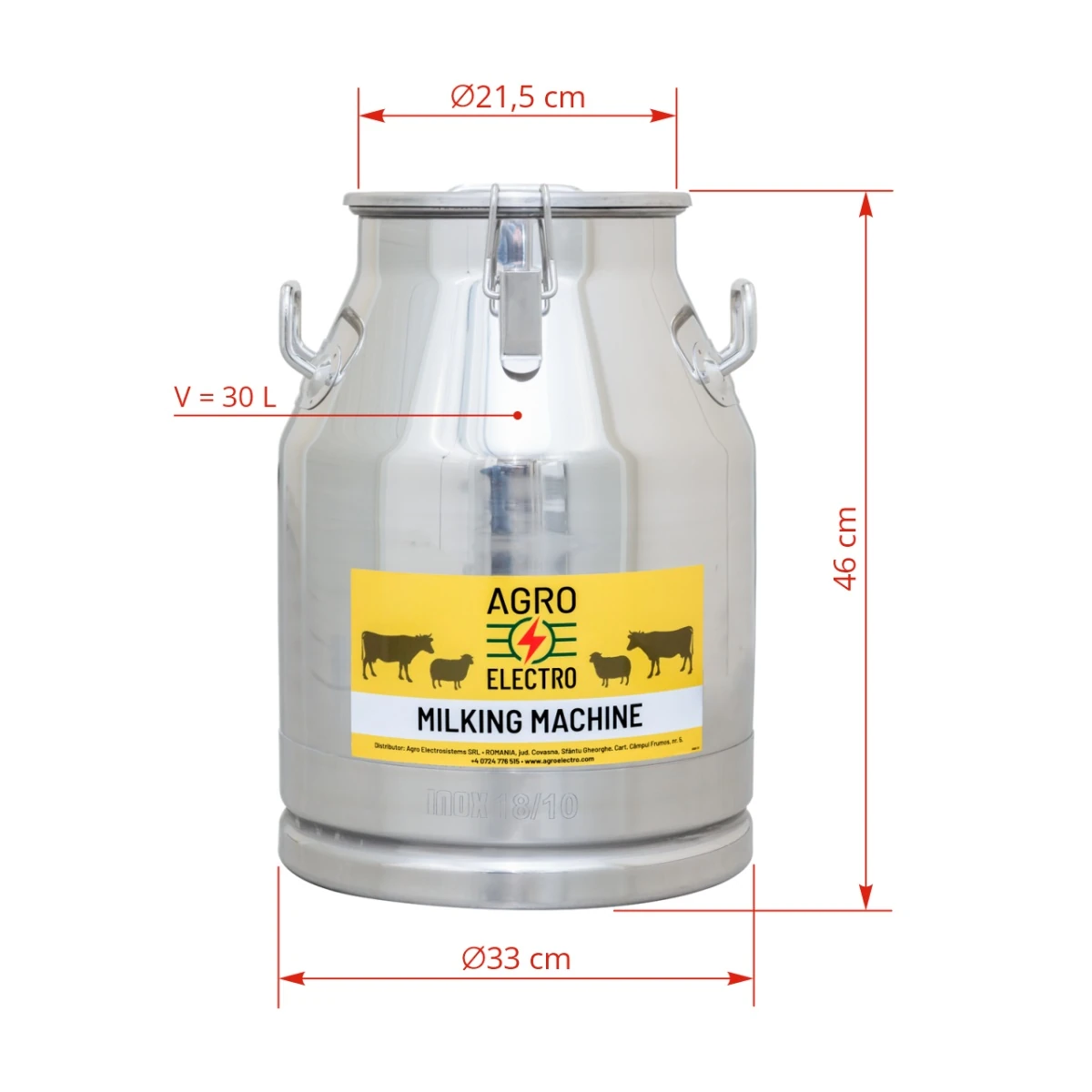 Bidon inox pentru transport lapte, cu capac tip clips, 30 litri :: 30 litri