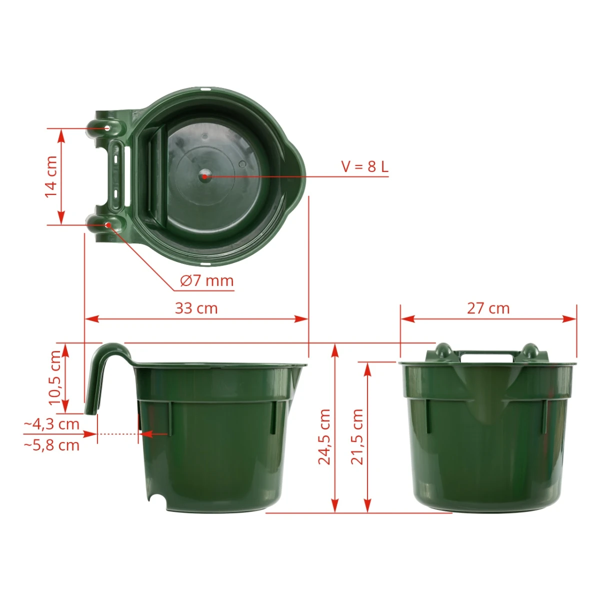 Găleată de hrănire, cu suport pentru suspendare, formă cilindrică, verde închis, 8 litri :: Verde închis