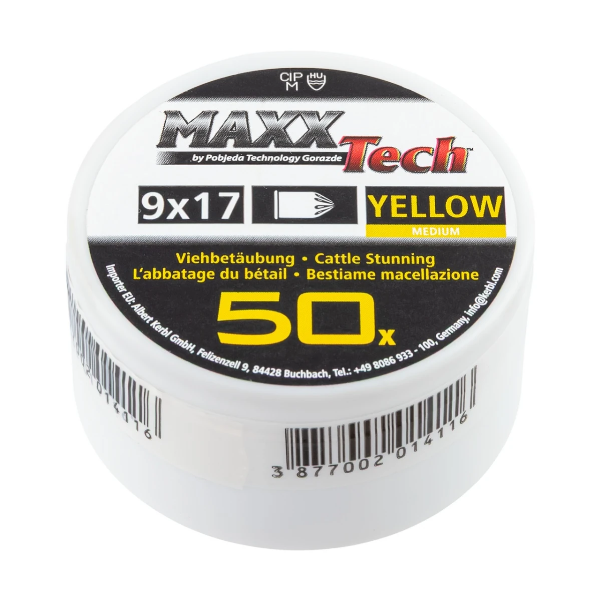 Capse asomator, galben, pentru animale cu talie medie. Calibru 9 × 17 mm, MaxxTech, 50 buc.