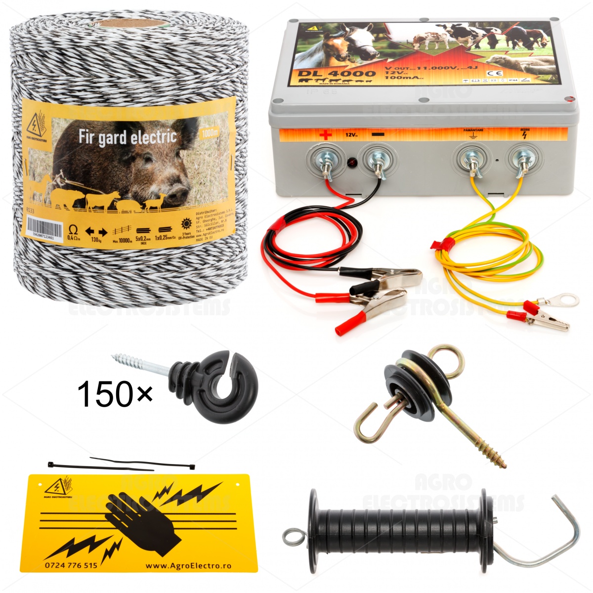 Pachet gard electric cu fir 1000 m, pentru 6,25 sau 1,56 Ha