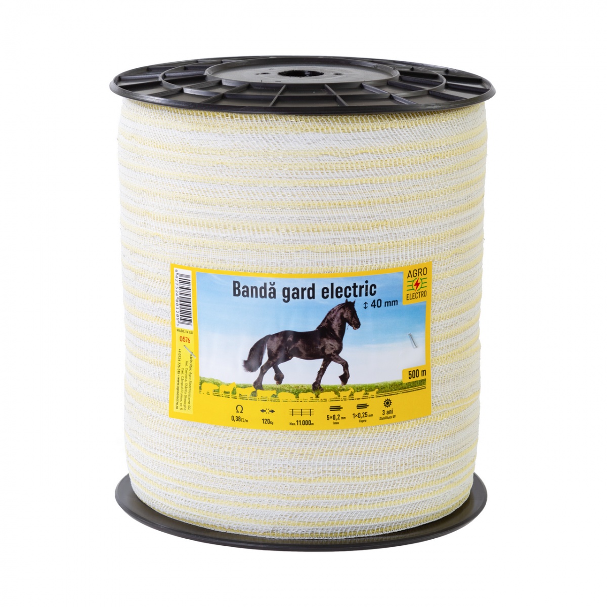 Bandă gard electric - 40 mm - 500 m - 120 kg - 0,38 Ω/m