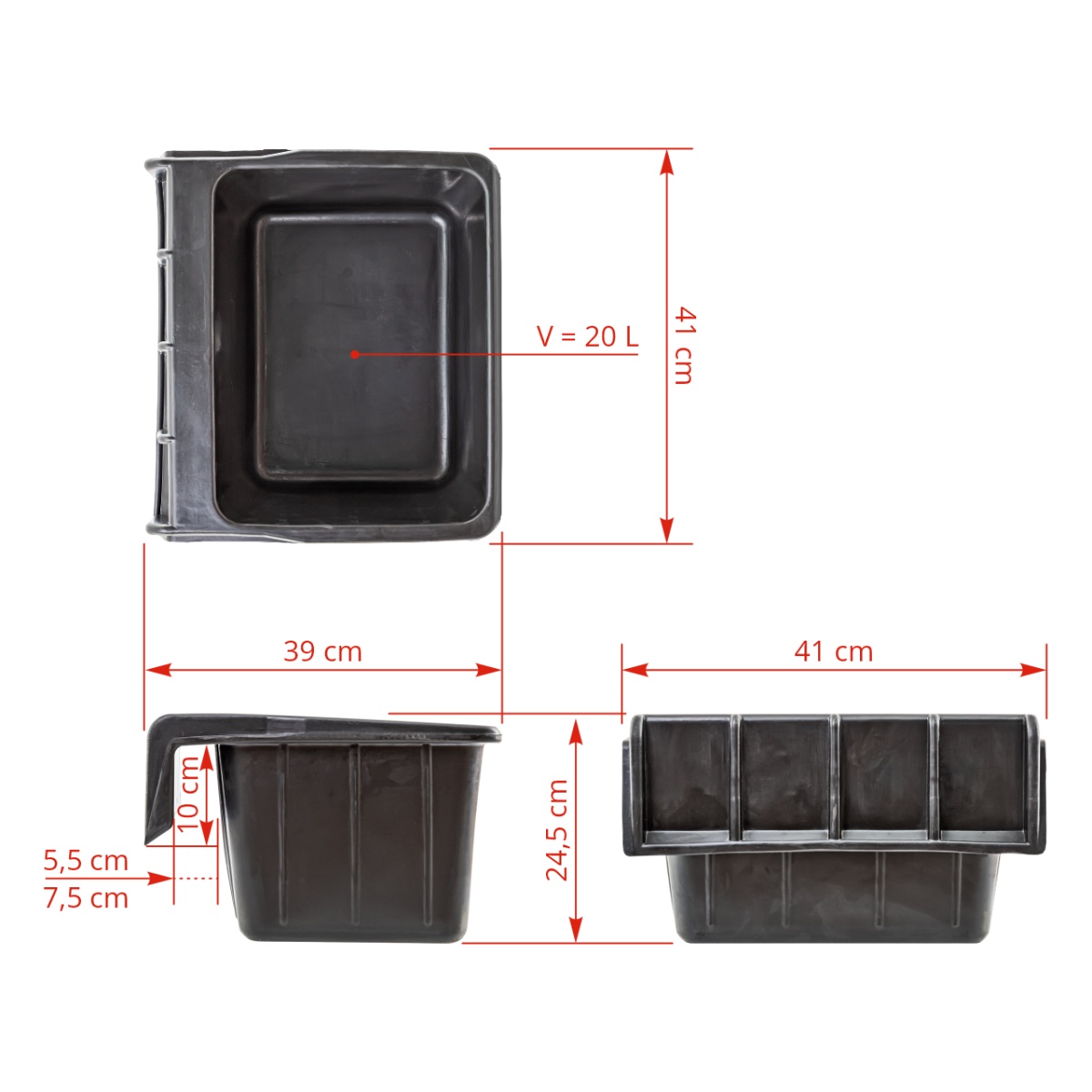 Hrănitoare rectangulară din cauciuc, negru, 20 litri