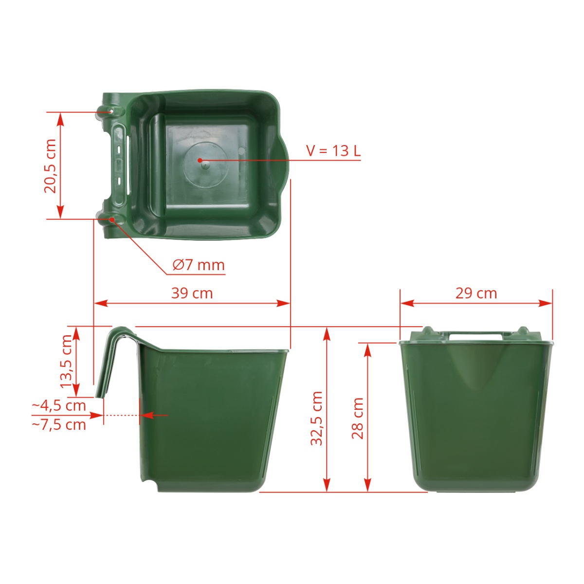 Găleată de hrănire, cu suport pentru suspendare, formă pătrată, verde închis, 13 litri