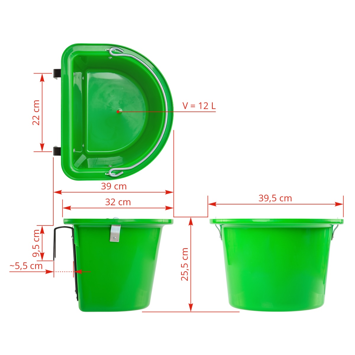 Găleată de hrănire pentru cabaline, cu dispozitiv de fixare și mâner, verde, 12 litri
