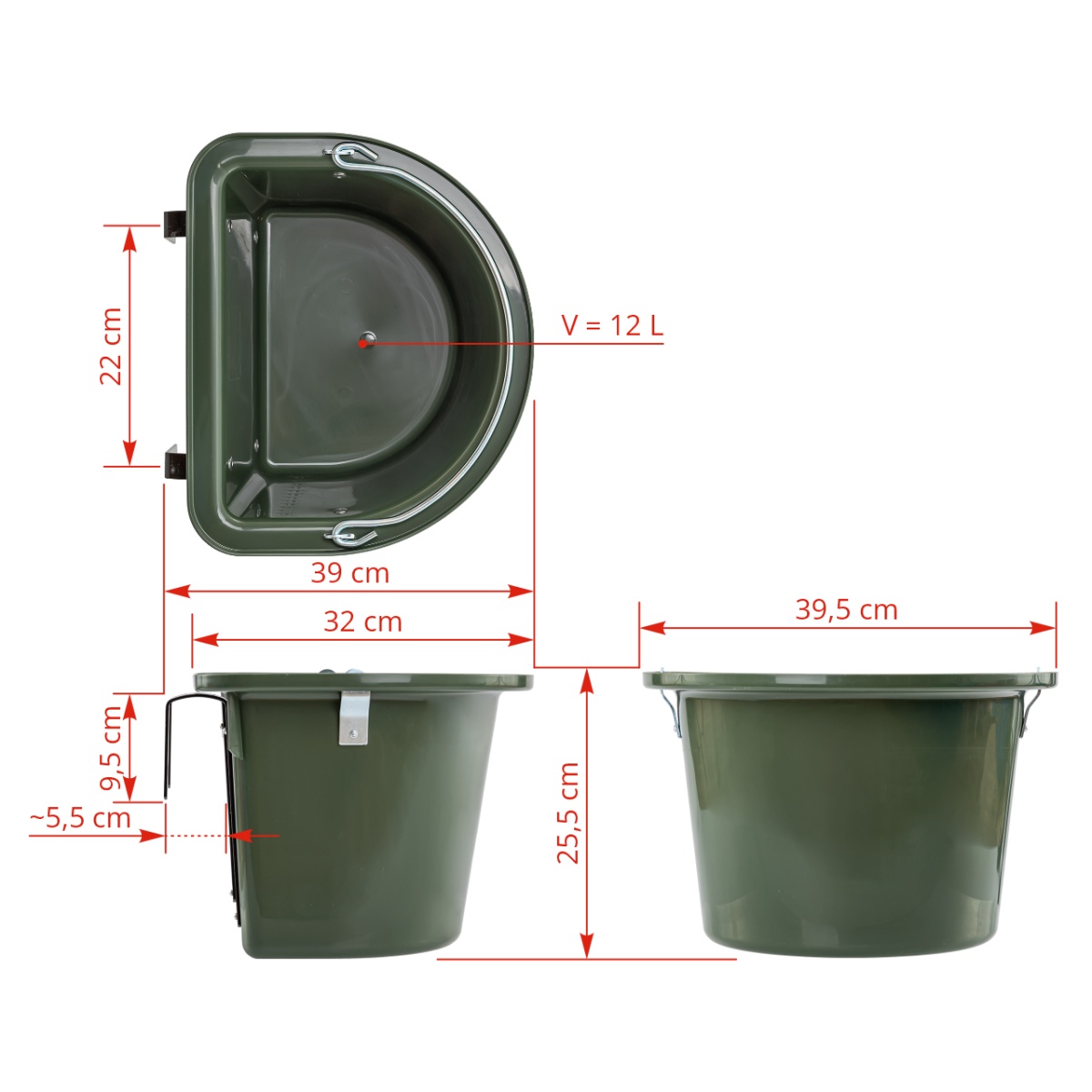 Găleată de hrănire pentru cabaline, cu dispozitiv de fixare și mâner, verde închis, 12 litri