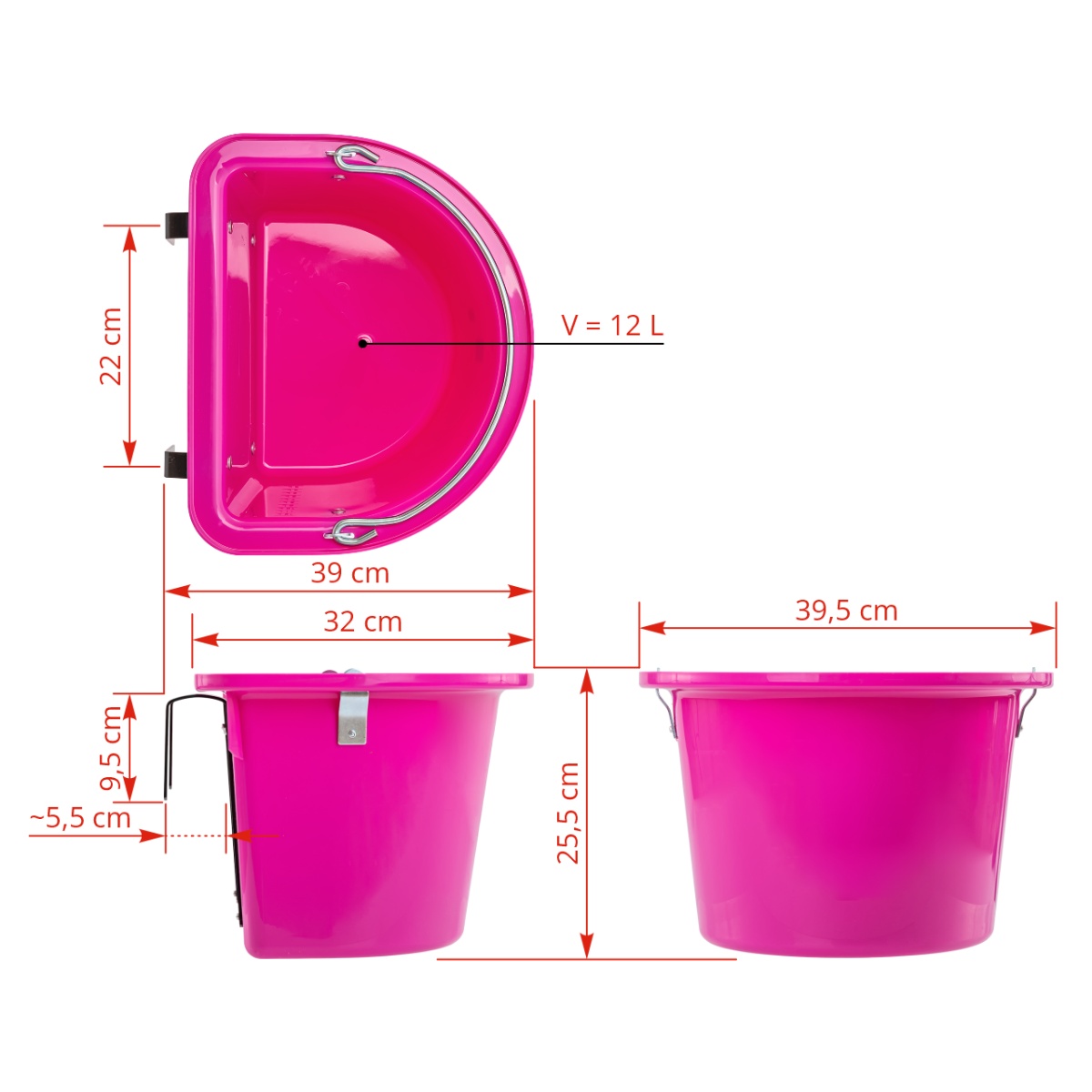 Găleată de hrănire pentru cabaline, cu dispozitiv de fixare și mâner, roz, 12 litri