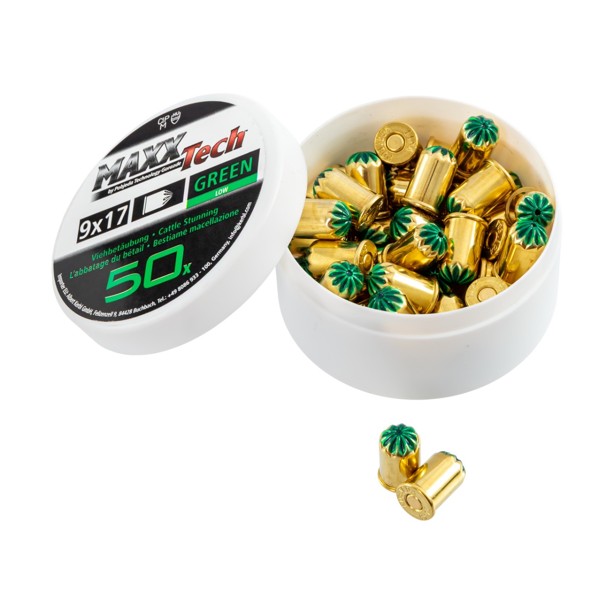 Capse asomator, verde, pentru animale cu talie mică. Calibru 9 × 17 mm, MaxxTech, 50 buc.