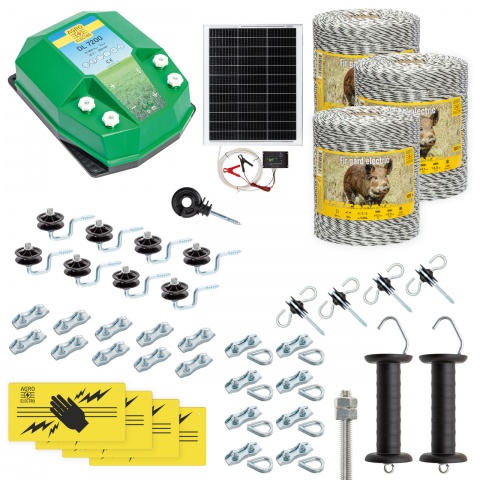 Pachet gard electric complet 3000 m, 7,2 Joule, cu sistem solar, pentru animale sălbatice<br/>2308 Lei<br><small>cw-72-3000-s</small>