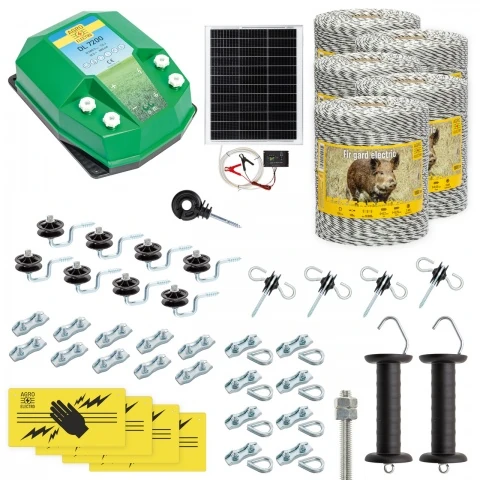 Pachet gard electric complet 5000 m, 7,2 Joule, cu sistem solar, pentru animale sălbatice :: 5000 m