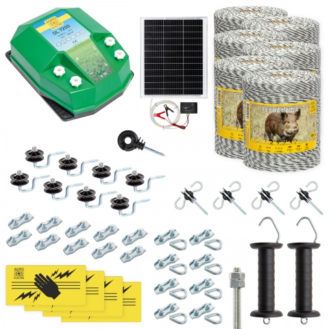 Pachet gard electric complet 6000 m, 7,2 Joule, cu sistem solar, pentru animale sălbatice<br/>3298 Lei<br><small>cw-72-6000-s</small>