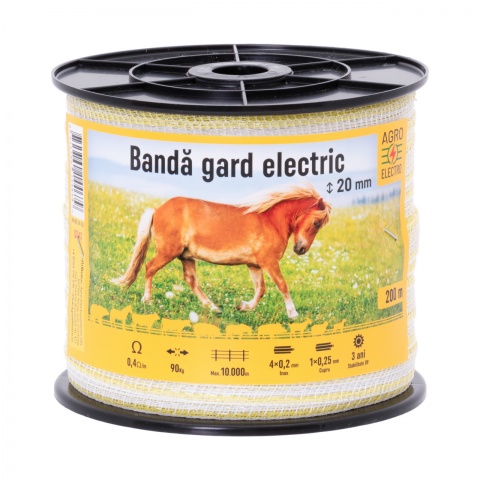 Bandă gard electric - 20 mm - 200 m - 90 kg - 0,4 Ω/m<br/>80 Lei<br><small>0347</small>