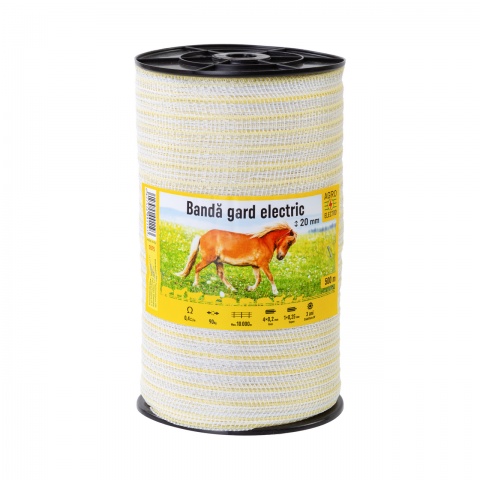 Bandă gard electric - 20 mm - 500 m - 90 kg - 0,4 Ω/m<br/>195 Lei<br><small>0575</small>