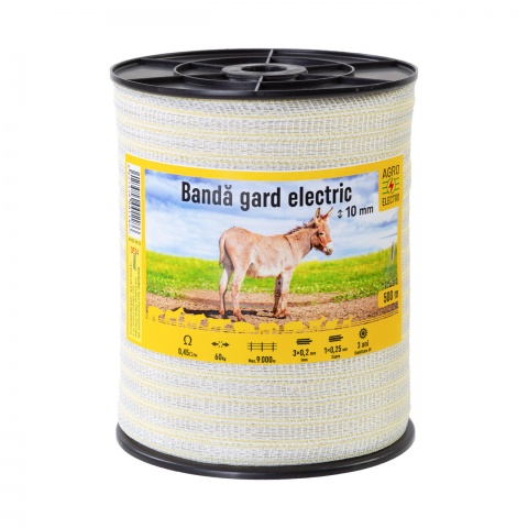 Bandă gard electric - 10 mm - 500 m - 60 kg - 0,45 Ω/m<br/>155 Lei<br><small>0574</small>