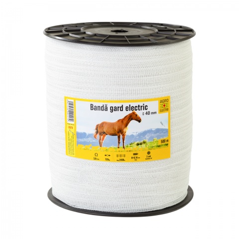 Bandă gard electric - 40 mm - 500 m - 120 kg - 3,8 Ω/m<br/>220 Lei<br><small>0573</small>