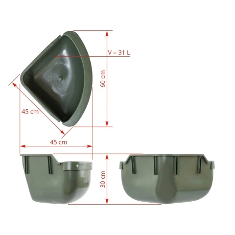 Hrănitoare din plastic, cu margine de protecție, montare în colț, 31 litri