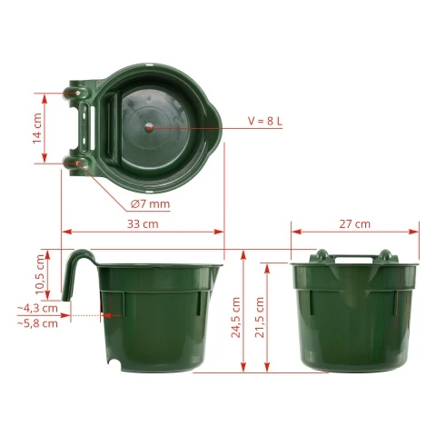 Găleată de hrănire, cu suport pentru suspendare, formă cilindrică, verde închis, 8 litri :: Verde închis