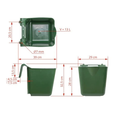 Găleată de hrănire, cu suport pentru suspendare, formă pătrată, verde închis, 13 litri :: Verde închis