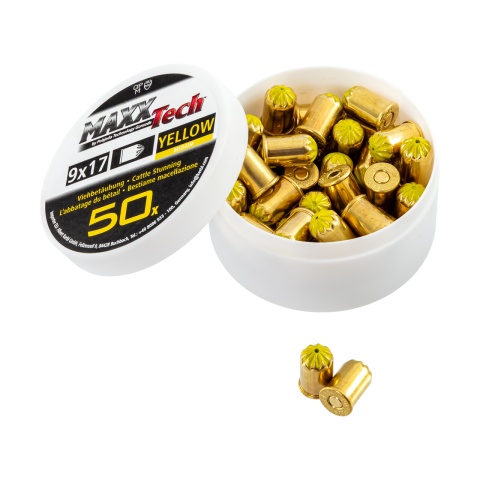Capse asomator, galben, pentru animale cu talie medie. Calibru 9 × 17 mm, MaxxTech, 50 buc.