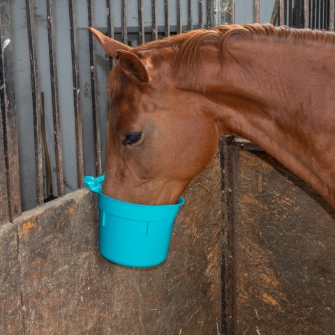 Găleată de hrănire, cu suport pentru suspendare, formă cilindrică, turcoaz, 8 litri