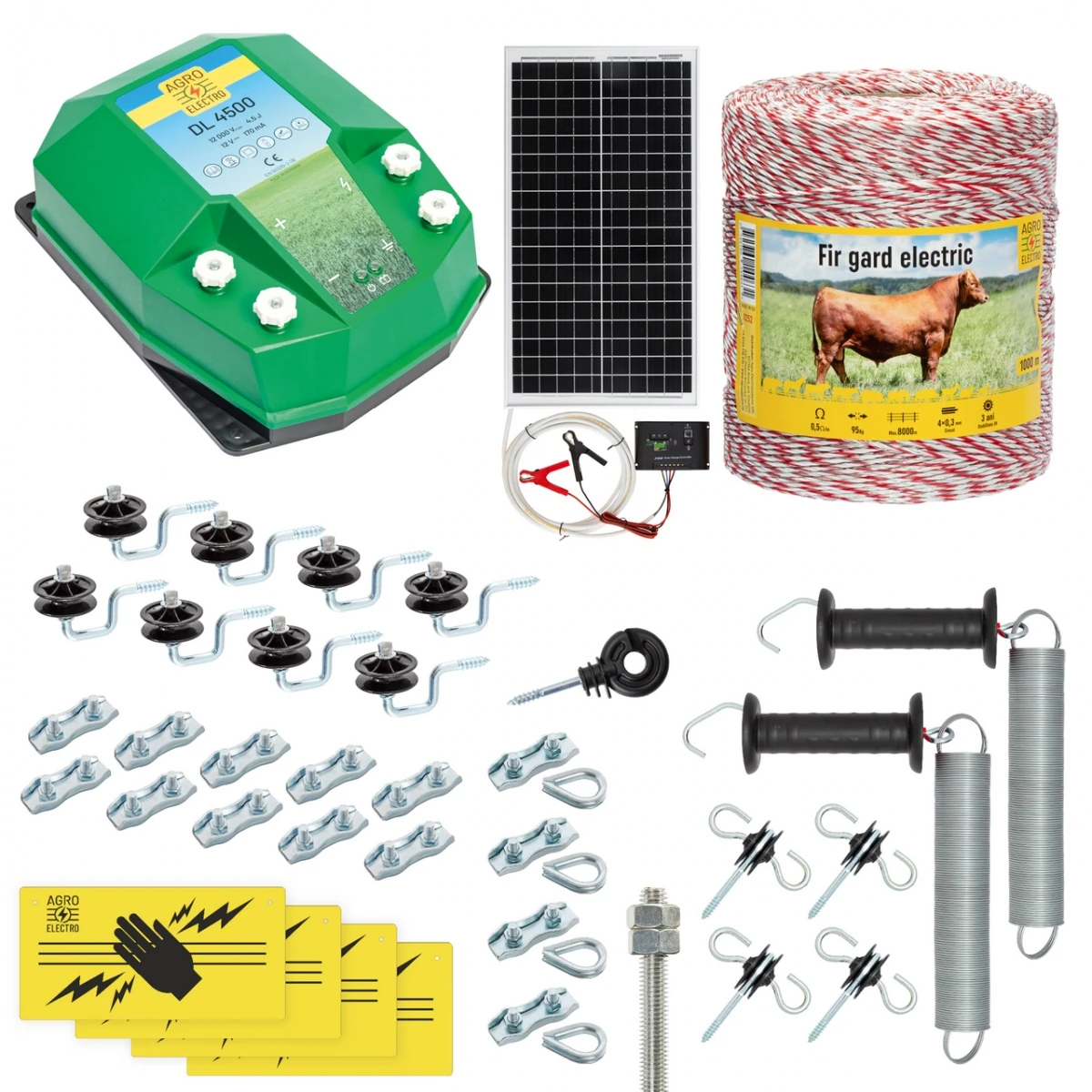 Pachet gard electric complet 1000 m, 4,5 Joule, cu sistem solar, pentru animale domestice :: 1000 m