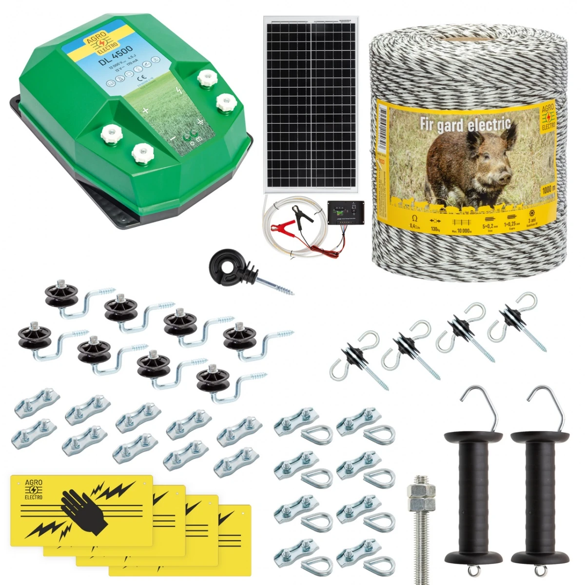 Pachet gard electric complet 1000 m, 4,5 Joule, cu sistem solar, pentru animale sălbatice :: 1000 m