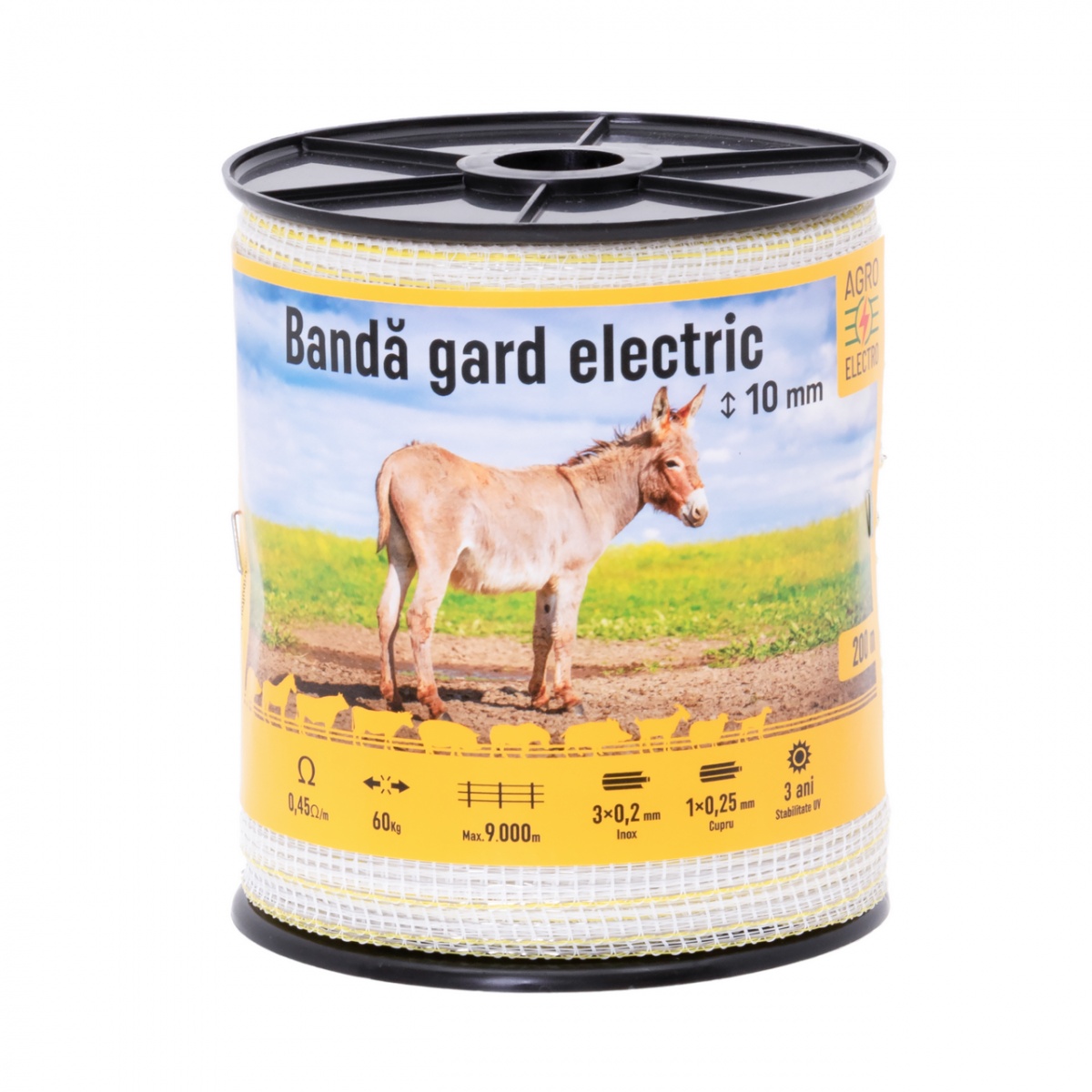 Bandă gard electric - 10 mm - 200 m - 60 kg - 0,45 Ω/m