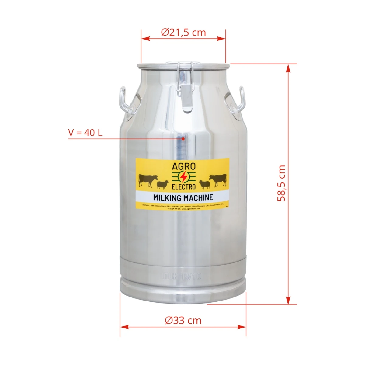 Bidon inox pentru transport lapte, cu capac tip clips, 40 litri :: 40 litri