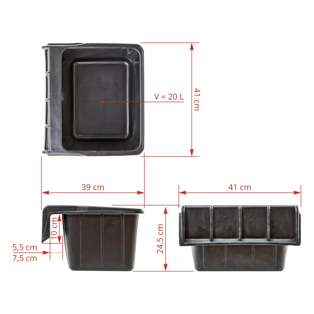 Hrănitoare rectangulară din cauciuc, negru, 20 litri