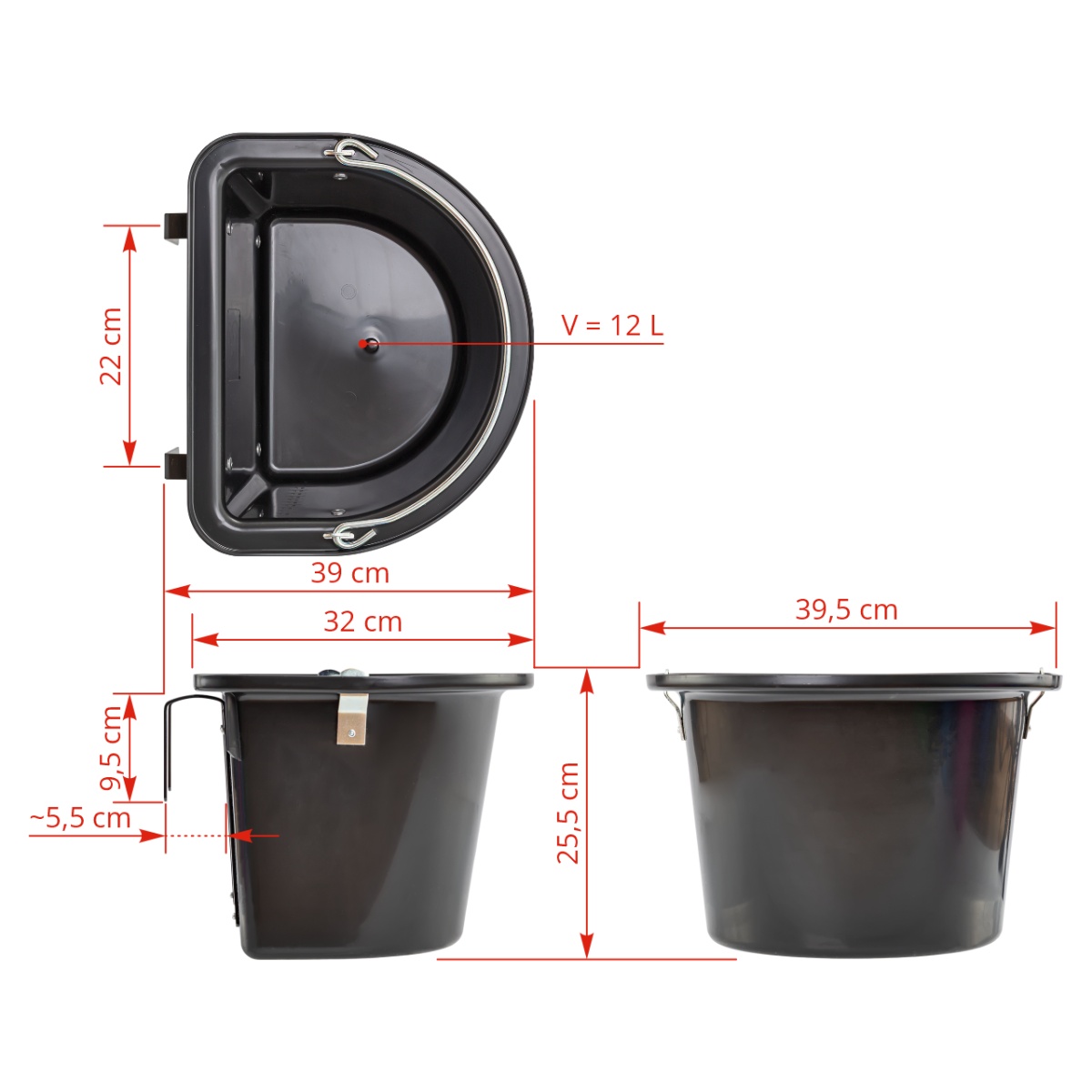 Găleată de hrănire pentru cabaline, cu dispozitiv de fixare și mâner, negru, 12 litri