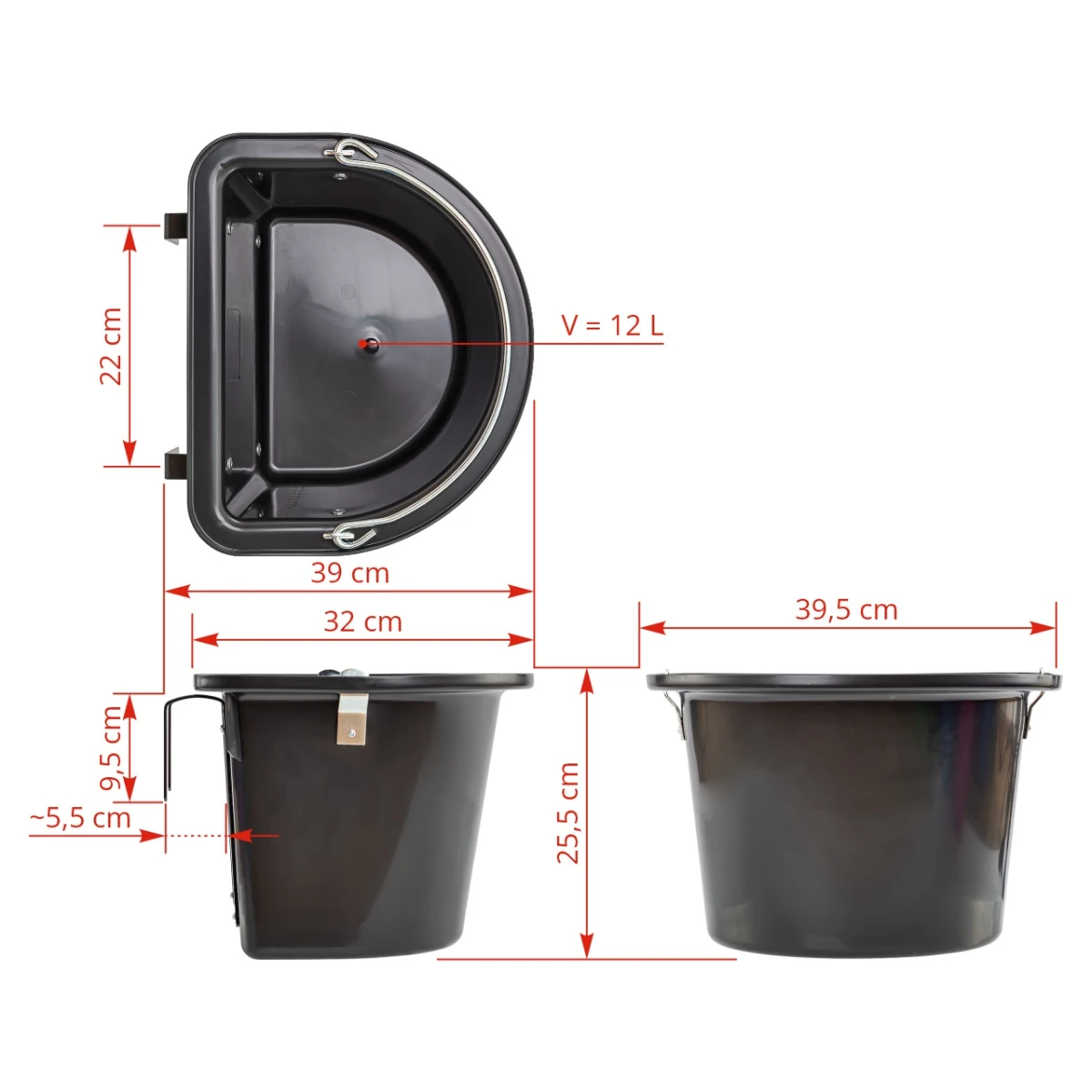 Găleată de hrănire pentru cabaline, cu dispozitiv de fixare și mâner, negru, 12 litri :: Negru